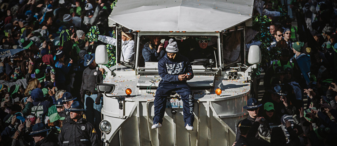 Marshawn Lynch sits a top a float during the Seahawks Super Bowl 48 parade