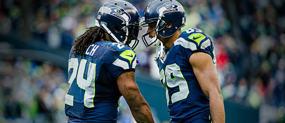 Marshawn Lynch and Doug Baldwin celebrate versus the New York Giants