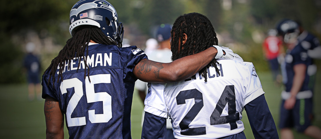 Richard Sherman and Marshawn Lynch during practice