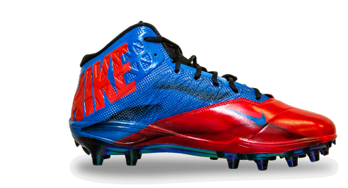 Inside of foot side view of Avril's red and blue cleat with Nike logo on side