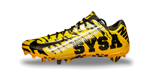 Left view of Baldwin's tiger print cleat with the writing - SYSA