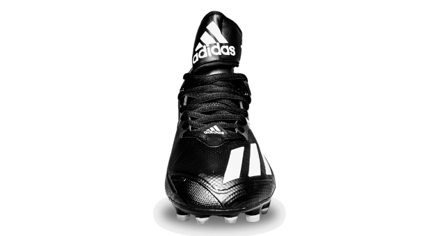Front of Graham's black cleat, with 3 stripes along right side and Adidas logo on shoe tongue